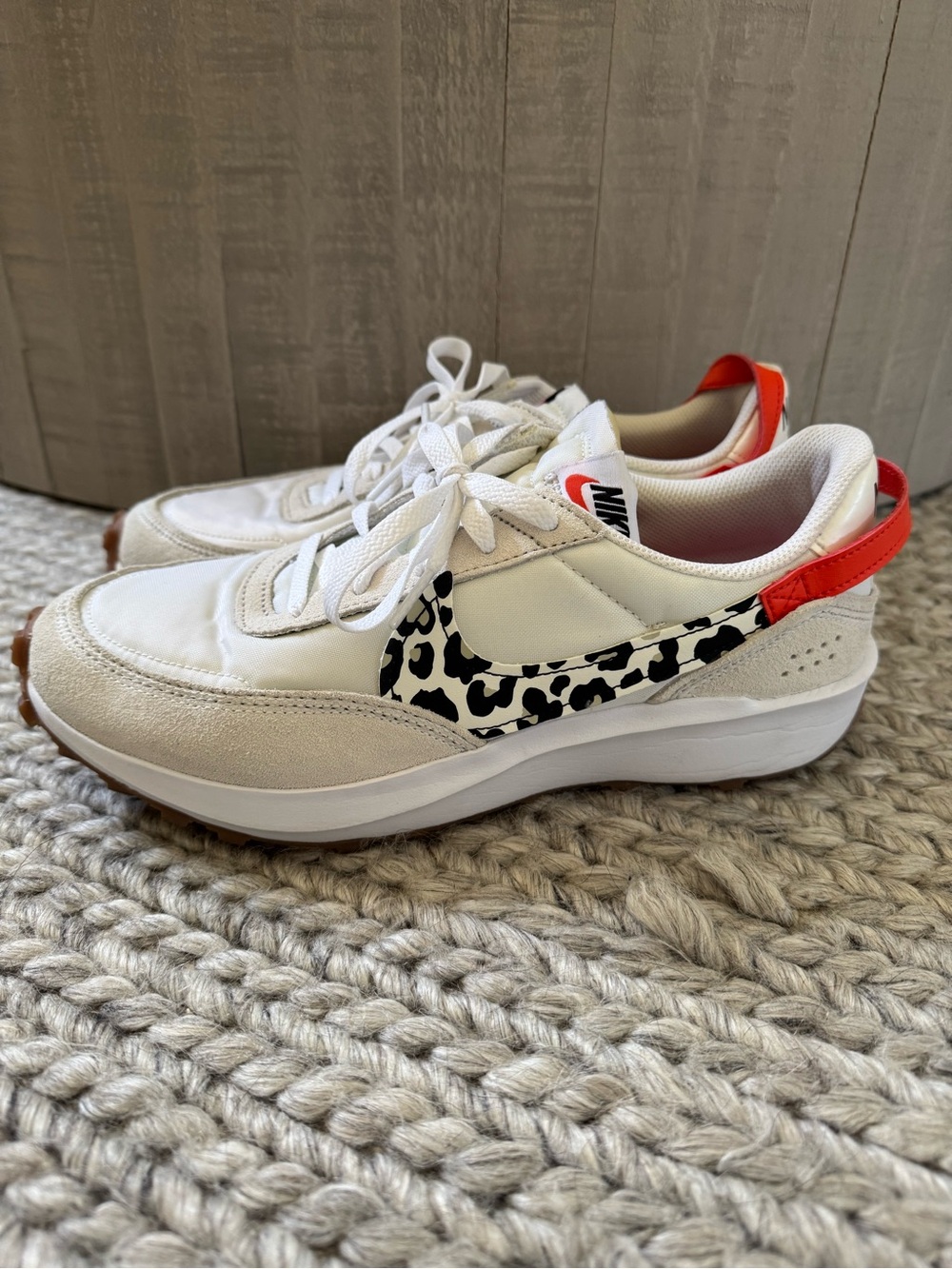 Nike White Sneakers with Black Leopard Swoosh and Red Accent 9